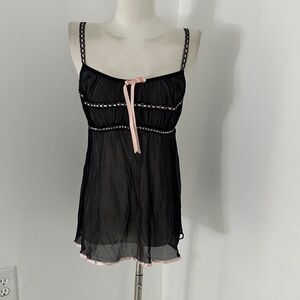 Vintage Victoria Secret Coquette Babydoll Mesh Bow Black Pink Nightgown Small